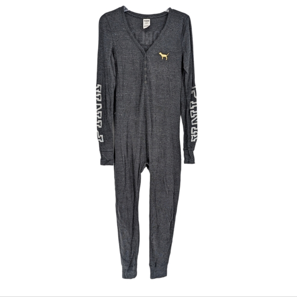 VS Pink One Piece Pajamas Bling Gray Thermal with Gold Sequins Size Medium - Picture 7 of 9